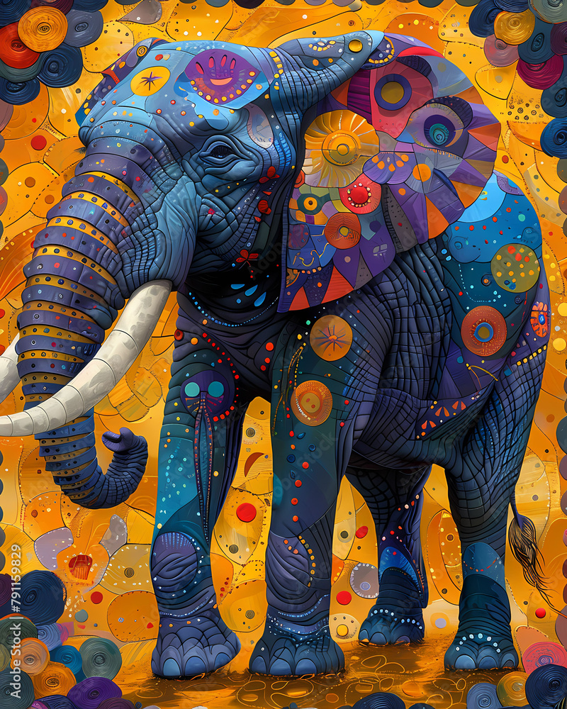 Obraz premium Abstract African Art: Vibrant Pastel Painting of Elephants on Savannah with Patterned Hues