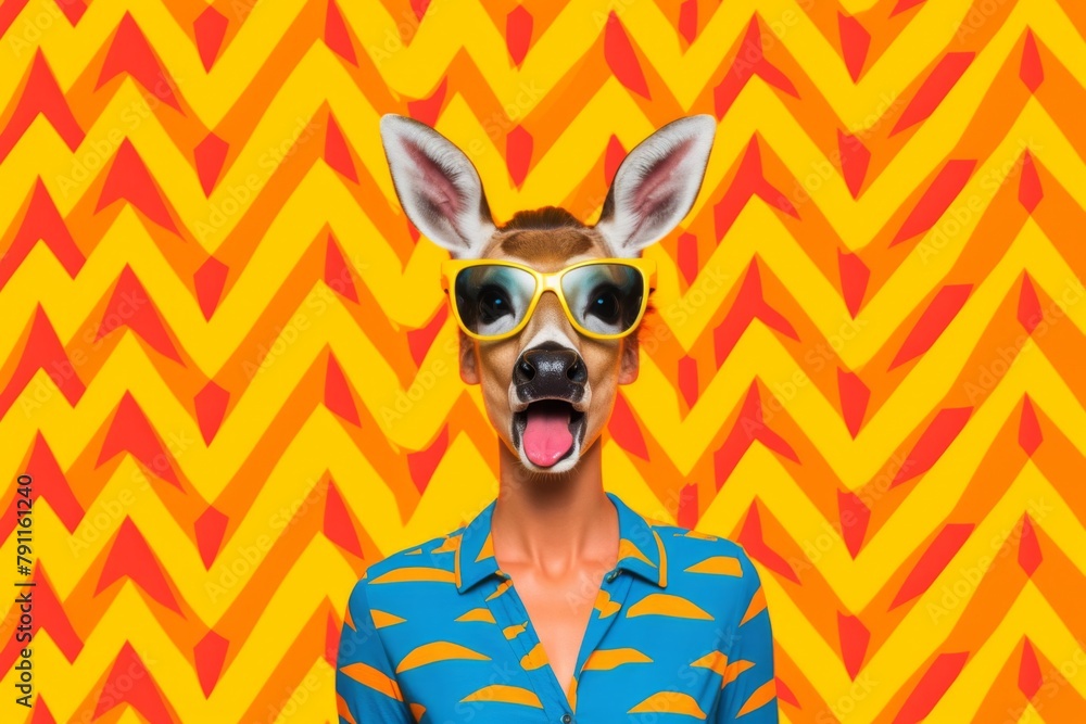 a happy deer in an orange shirt as a hippie, in the style of bold fashion photography