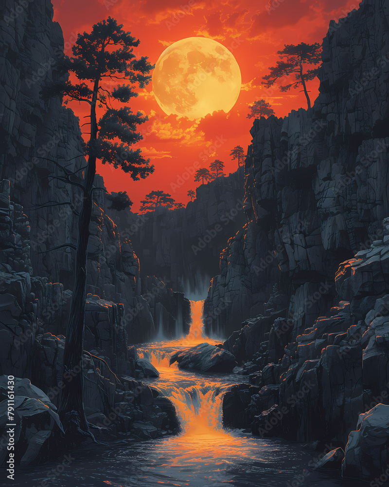 North Macedonia, Europe River, Rocky Canyon, Trees, Full Moon, Vibrant Painting, Art