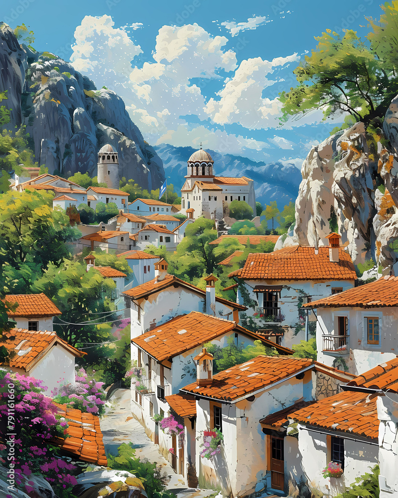 Orange Roofs Village, North Macedonia - Artistic Landscape Painting