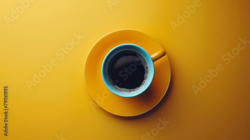 Minimalistic style of a black coffee cup with a shadow on a vivid yellow background, top view.
