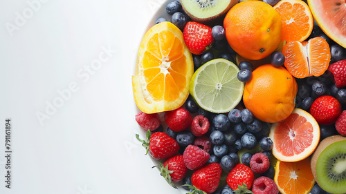 Top view of a colorful assortment of fresh berries and citrus fruits  arranged on a white background. 