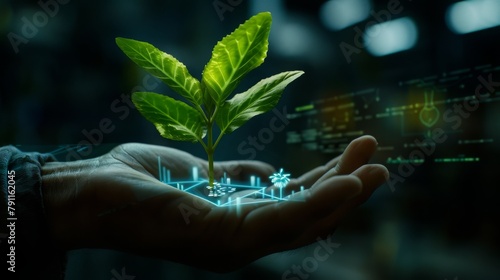 Man hand on dark background holding and touching holographic projection of a plant with digital analysis 3D rendering