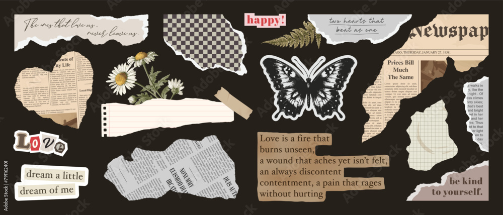 Fototapeta premium Set of torn papers, old newspaper, cut notepaper, collage craft elements, retro notebook sheets, craft rip labels. Trendy collage vector collection. Retro grunge stickers for scrapbook design.