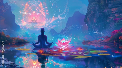 A digital art piece of an ethereal being meditating in front of the lotus flower, with vibrant colors and glowing energy emanating from it