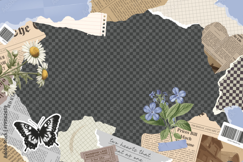 Naklejka premium Torn newspaper, retro flower, butterfly stamp, rip notebook sheets, handwriting quotes, craft notepaper, old grunge paper. Collage frame isolated on transparent background. Modern trendy retro style.