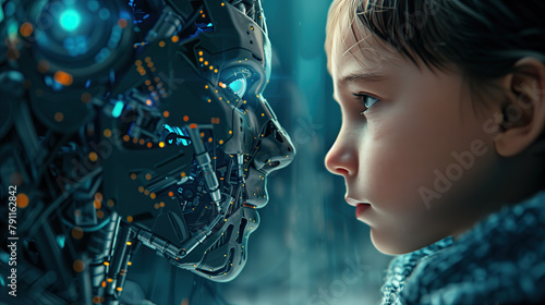 Cyborg de Inteligencia artificial IA manifestada en la robótica enfrentándose cara cara a un niño humano. Concepto sobre el avance de las tecnologías futuras.