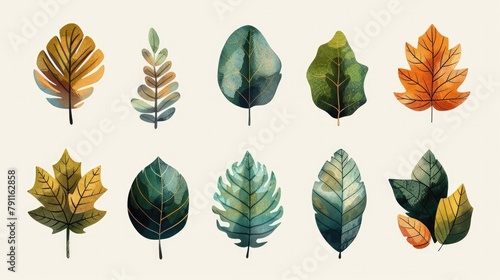 HandDrawn Whimsical Flat Gradient Leaf Icons in Earthy Green and Brown Hues photo