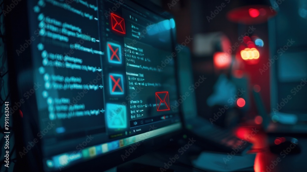 A blurred figure sits behind computer monitors displaying code with error messages in a dark room with a red light. A blurred figure sits behind computer monitors displaying code with error messages in a dark room with a red light.