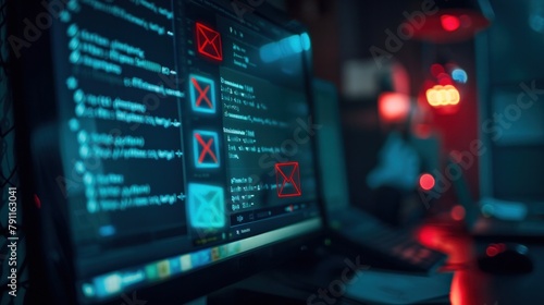 A blurred figure sits behind computer monitors displaying code with error messages in a dark room with a red light.