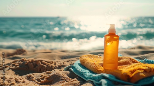 Bottle of sunscreen on a blue towel with a yellow accessory on a sunny beach with clear blue water in the background.