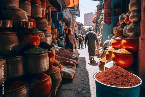 Bazaar of Marrakech, Morocco, Africa. Souvenirs and spices on the street. photo
