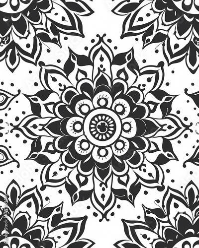 Abstract Black and White Mandala Style Art Pattern Decorative Design Ornate Painting