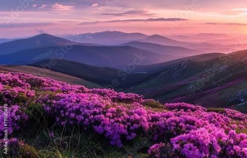 Purple Flowers on the Side of a Mountain at Sunset