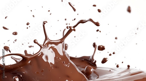 Splash of liquid brown chocolate with splashing drops, isolated on white