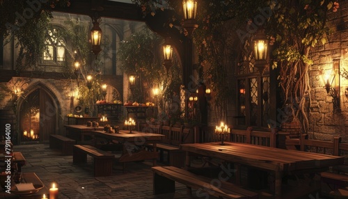 Soft lighting in medieval-themed cafe ambiance ✨🏰 Creating a cozy atmosphere reminiscent of old-world charm and romance.  MedievalMagic © Elzerl