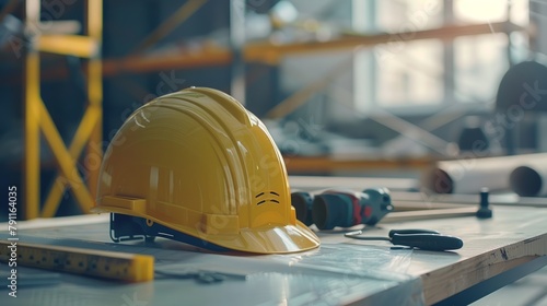 Builder helmet on table. Construction site accessory photo