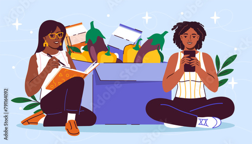 Two animated women with a grocery box, one writing in a notebook and another using a phone, set against a blue background with leaf motifs. Flat cartoon vector illustration