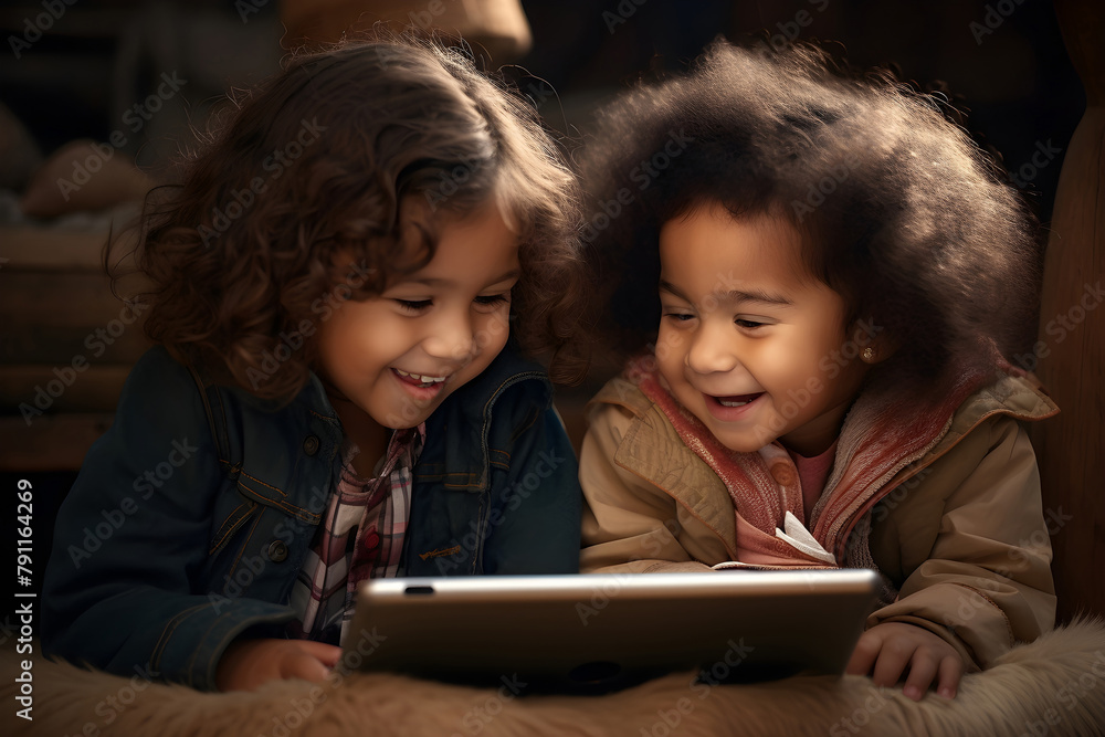 Two young girls engaged in interactive play on a digital tablet. Two young girls engaged in interactive play on a digital tablet.