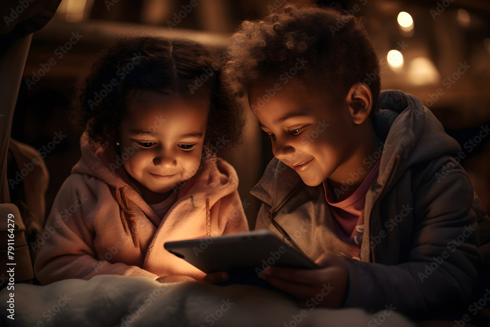 A couple of kids are focused on a digital tablet screen, engaged in the content displayed.