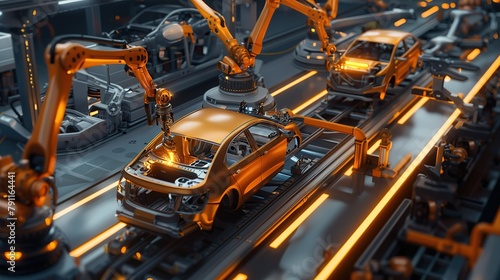 Aerial Car Factory 3D Concept: Automated Robot Arm Assembly Line Manufacturing Advanced High-Tech Green Energy Electric Vehicles. Construction, Building, © Naknakhone