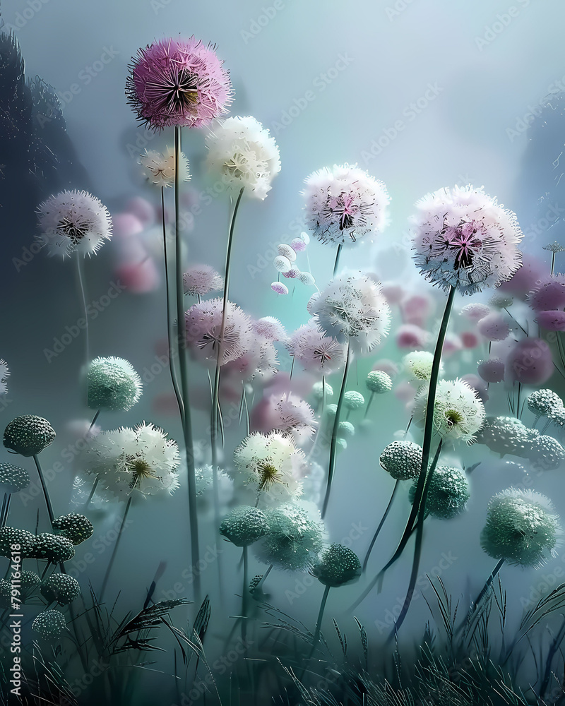 Ethereal Underwater Garden: Intricate White, Pink, Grey, and Green Alliums in an Artistic Fog