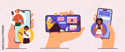 Hands holding smartphones with video chat interface on screen. Girls and boys chatting together with Social Media apps. Female and male characters talking. Modern flat cartoon vector illustration.