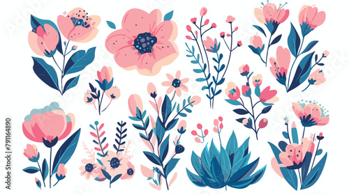 Collection of hand drawn pink flowers ferns and suc