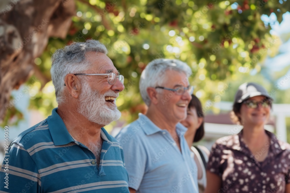 Portrait of happy senior couple with family in the garden on a sunny day Portrait of happy senior couple with family in the garden on a sunny day