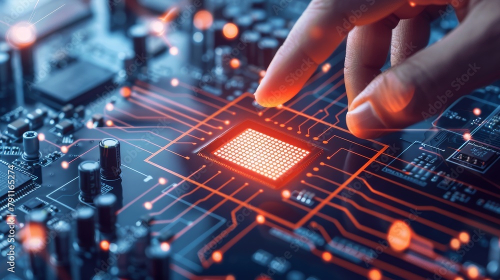Cpu Using Picture Hand touching CPU icon and hologram on city background.Artificial ...