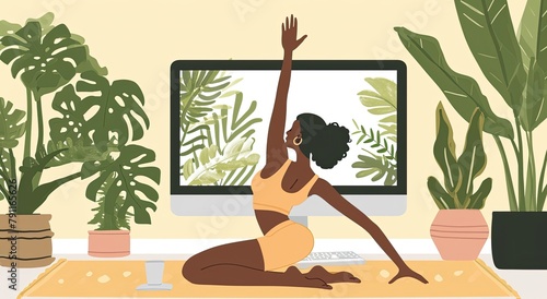 Flat design illustration of a woman practicing yoga indoors amidst lush greenery 🌿🧘‍♀️ Embracing serenity and wellness in her home sanctuary. #YogaAtHome 🏠✨ photo