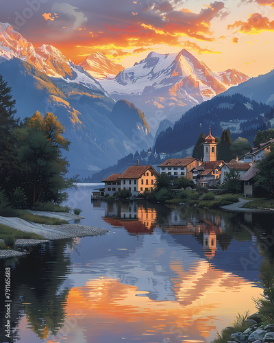 Vibrant Landscape Painting of Swiss Lake, Houses, and Mountains in Europe