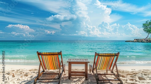 Beach loungers and a table set with striped fabric in the middle of a sandy beach with the sea in the background