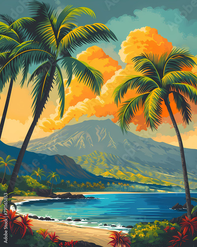 Hawaii Beach Artwork: Vibrant Painting of Palm Trees, Mountains and Ocean