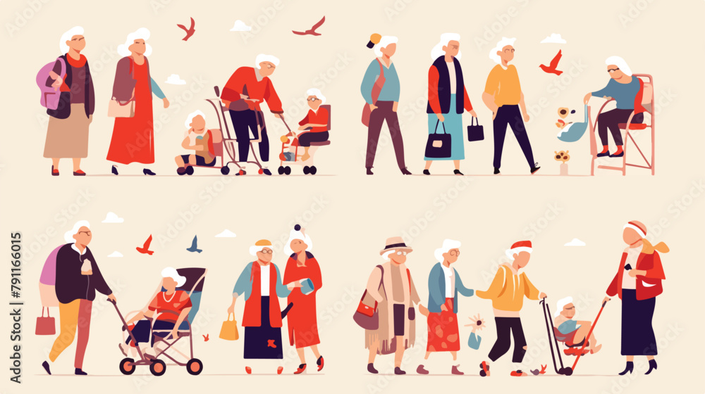 Collection of happy elderly people performing daily