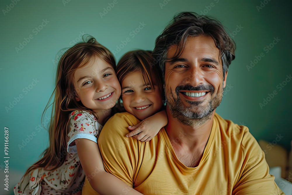 Latin father and daughters portrait indoors. Generative AI. Latin father and daughters portrait indoors. Generative AI.