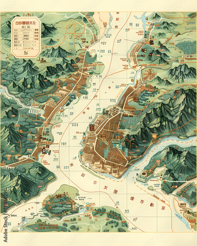 Obraz premium City map painting yellow green color painting town mountain river map art