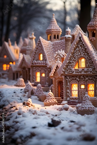 Christmas decoration with gingerbread houses in the snow. Christmas background.
