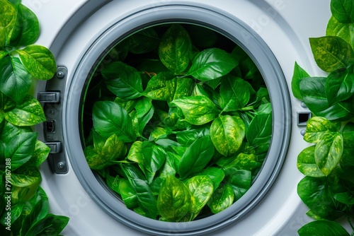 Washing machine with green leaves in it. Eco cleaning, eco friendly washing concept © Тамара Печеная