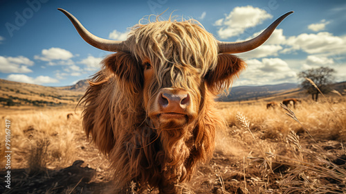 Majestic Highland cow in golden field with mountain background. Generative ai.