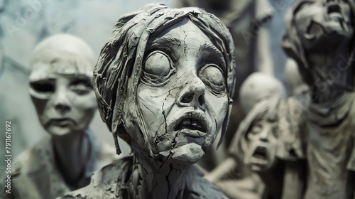 Bring to life the distinctive styles of different horror genres through a collection of clay sculptures at a skewed perspective, each piece telling a chilling story within an unsettling setting photo