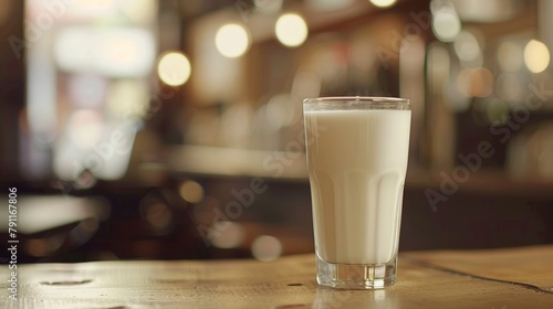 Glass of milk on wooden table. Cafe background