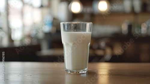 Glass of milk on wooden table. Cafe background