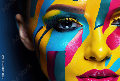 Close-up of bold face paint art in bright, abstract colors on woman. photo