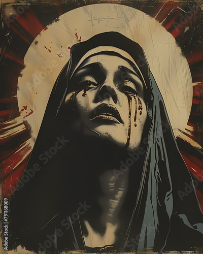 Mystical Portrait of Madonna in Intricate Pop Art Style with Gothic Horror Elements and Religious Symbolism, Featuring a Womans Bloody Visage and Halo-Like Rays