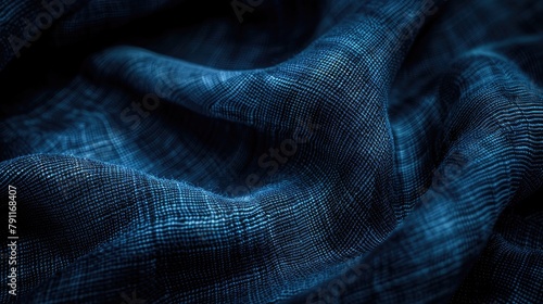 Close up Image of Dark Blue Fabric Texture with Subdued Lighting and Intricate Thread Patterns Representing the Apparel Sector and Creating an Artistic Textile Background of Wavy Patterns