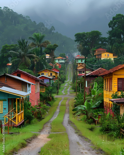 Vibrant Art: Colorful Suriname Houses on Dirt Road in South America photo