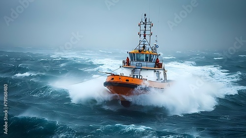 Rescue Boat Braving Stormy Seas in Blue Ocean to Conduct a Rescue. Concept Rescue Operations, Stormy Seas, Blue Ocean, Boat Rescues, Maritime Emergencies