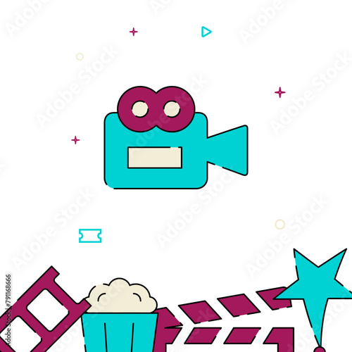 Video camera, cinematographer filled line vector icon, simple illustration, related bottom border.