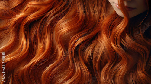 Red hair close-up as a background. Women's long orange hair.